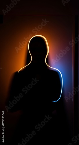 Silhouetted figure outlined in neon, against a gradient wall