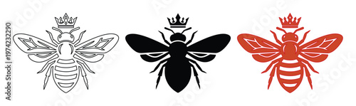 Vintage queen bee icons with royal crowns, set of 3 honey bee silhouettes in black and red, elegant bumblebee heraldry vector illustrations
