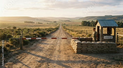Remote Security Checkpoint on Desert Road at Sunrise, Guard Post with Barrier Gate and Sandbags in Rural Landscape