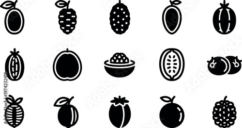 Black and white fruit in rows symbols signs