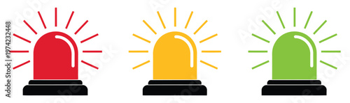Emergency siren vector icon collection featuring warning signal symbols, alert beacon, flashing lamp design, safety and emergency alarm graphics