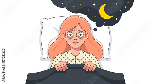Tired Woman Suffering from Insomnia and Sleep Deprivation, Cartoon Illustration of a Sleepless Night with Exhaustion and Anxiety Symptoms