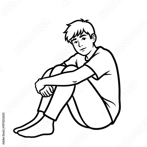 Young boy sitting cross-legged, looking at camera, casual pose, black and white illustration