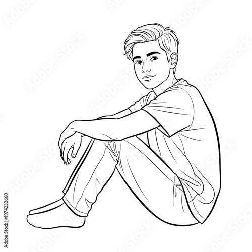 Young Boy Sitting Cross-legged, Smiling Confidently, Casual Style, Black and White Line Art