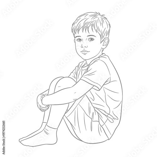 Young Boy Sitting Cross-legged, Looking at Camera, Sketch Style