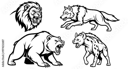 Four fierce animals with open mouths.