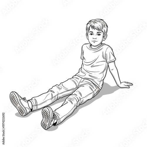 Young boy sitting on the floor, casual pose, black and white illustration