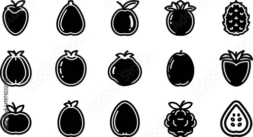 Black and white fruit in rows apples pears peaches