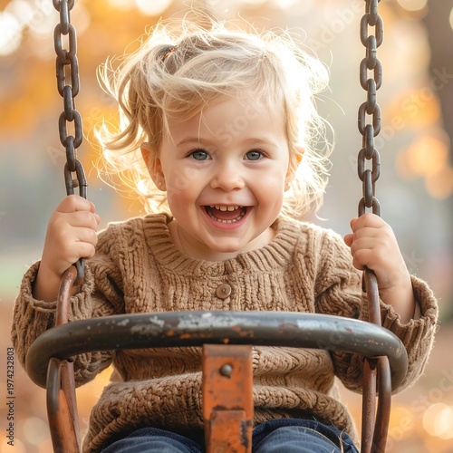 A young child with blonde hair smiles widely while enjoying time on a playground swing. The background is blurred and autumn-toned