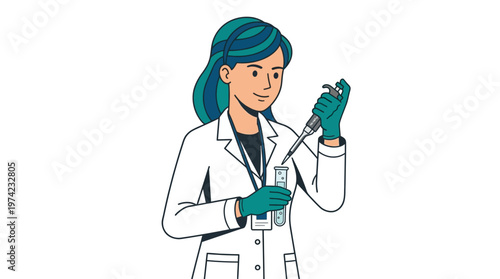 Female Scientist in Lab Coat Using Micropipette with Test Tube Illustration. Professional Woman Researcher Conducting Biotech Experiment in Laboratory Vector.