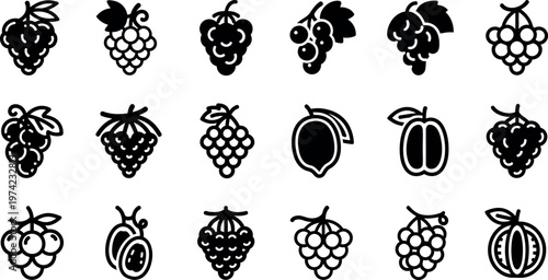 Black and white fruit including grapes and peaches fruit black white background