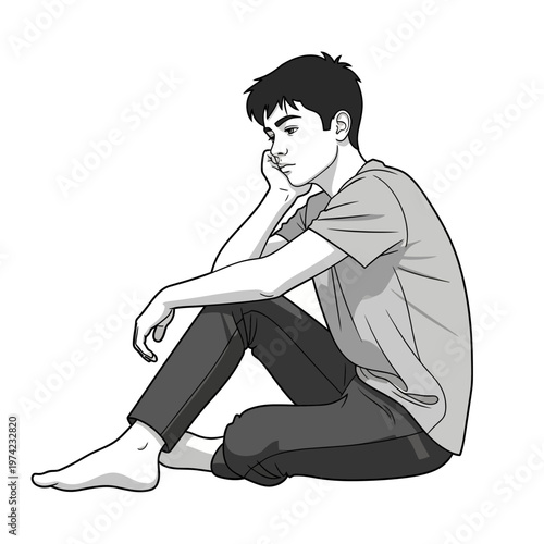 Young man sitting on floor, looking thoughtful and pensive, black and white illustration