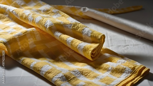 Wrinkled Yellow Gingham Kitchen Towel – Realistic Checkered Fabric Napkin Isolated PNG on Transparent Background