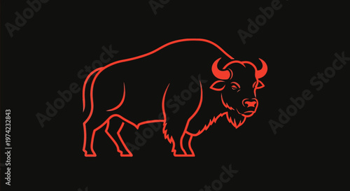 Neon red outline of bison standing.