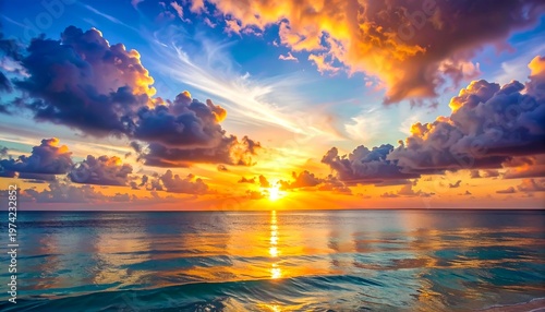 A serene ocean sunset with vibrant orange and blue hues