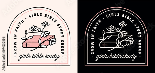 Girls bible study reading group logo teen student club community badge sticker grow in faith shirt design. Religious Christian women reader quotes floral book black pink girly aesthetic poster print.