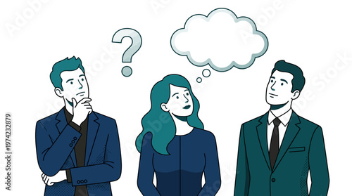 Business Team Brainstorming and Problem Solving Concept with Thought Bubble and Question Mark Illustration