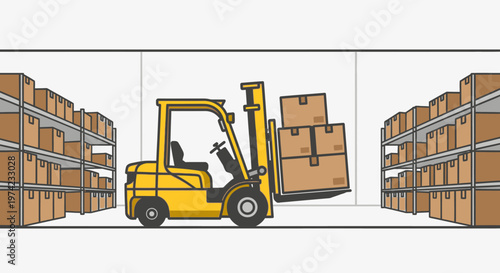 Yellow Forklift Lifting Cardboard Boxes.