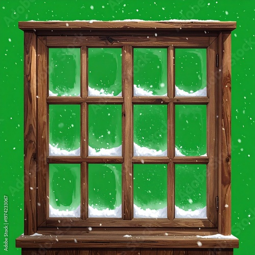 A snowy winter scene outside a wooden window