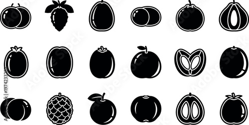 Black and white fruit on white background silhouette various fruits