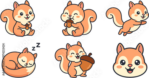 Cute Baby Squirrel Cartoon Set with Acorn Kawaii Style
