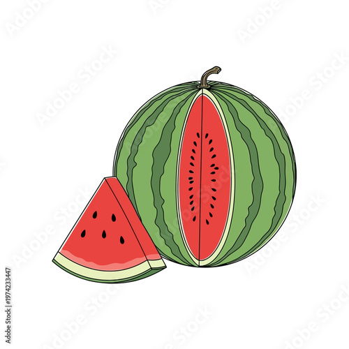 Fresh Watermelon Slice and Whole Fruit Cut Open, Summer Refreshment
