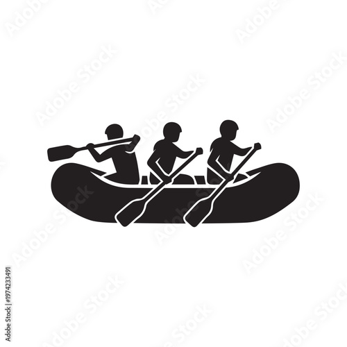 Black silhouette icon of three people working together to paddle an inflatable whitewater raft
