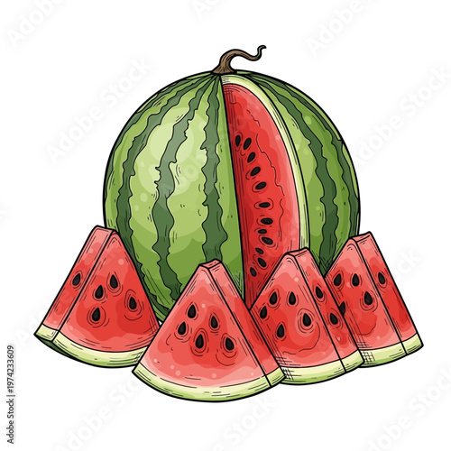Fresh Watermelon Slices and Whole Fruit Illustration