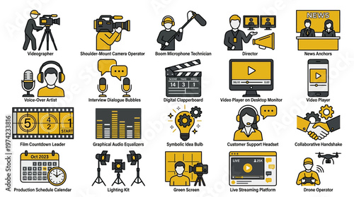 Video Production and Media Broadcasting Icon Set featuring Film Crew, Camera Operators, News Anchors, and Equipment Icons for Digital Content Creation and Cinema Industry