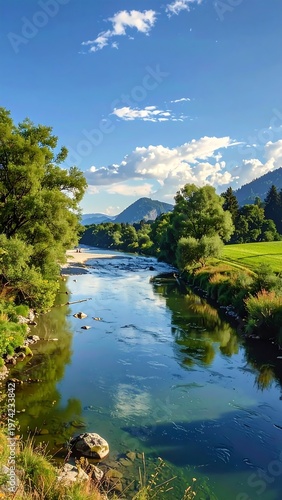 A serene river landscape with mountains and trees