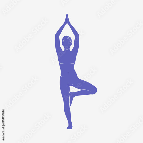 Blue minimalist silhouette of woman in yoga tree pose