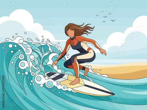 Flat Vector Illustration of a Woman Surfer Catching a Large Turquoise Wave in the Ocean, Summer Beach Adventure Concept