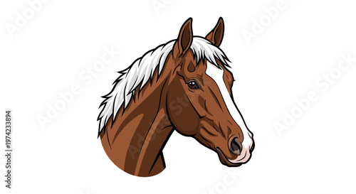 Brown horse head illustration with white mane and blaze