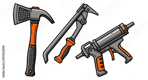 Cartoon construction tools set: hammer, pry bar, caulk gun