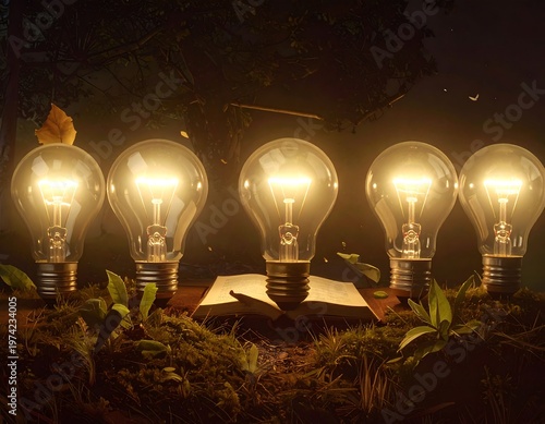 A surreal still life of glowing bulbs on an open book outdoors