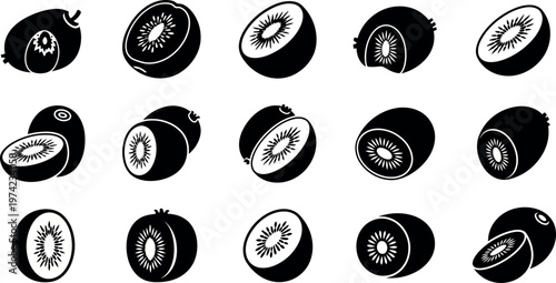 Black and white kiwi fruit in various orientations and cuts cut fruit