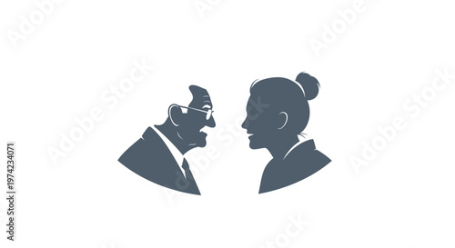 Elderly man and woman profile silhouettes in conversation