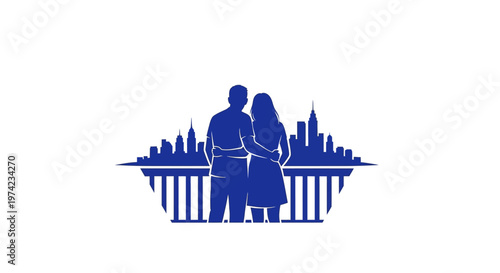 Embracing couple looking at city skyline from a balcony