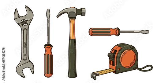 Essential hand tools set with wrench, hammer, screwdrivers, tape measure