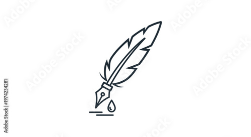 Feather quill pen with ink drop line art icon