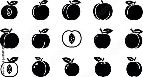 Black and white of apples with different styles and orientations fruit simple symbols