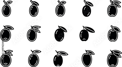 Black and white of apples with leaves in various orientations fruit