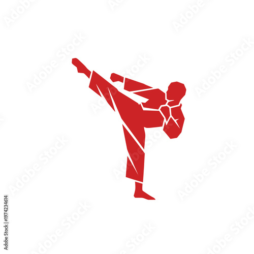 Martial artist performing high kick in red silhouette design