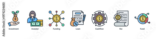 Investment Plan web banner icon vector illustration with icons of Investment,Investor,Funding,Loan,Cashflow,Roi and Fund