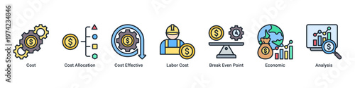 Cost Analysis web banner icon vector illustration with icons of Cost,Cost Allocation,Cost Effective,Labor Cost,Break Even Point,Economic and Analysis