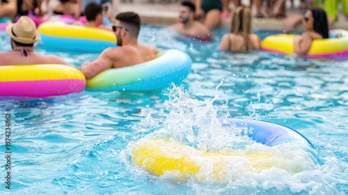 Summer Pool Party with Young People Relaxing on Colorful Inflatable Rings, Vacation Leisure and Social Lifestyle Concept