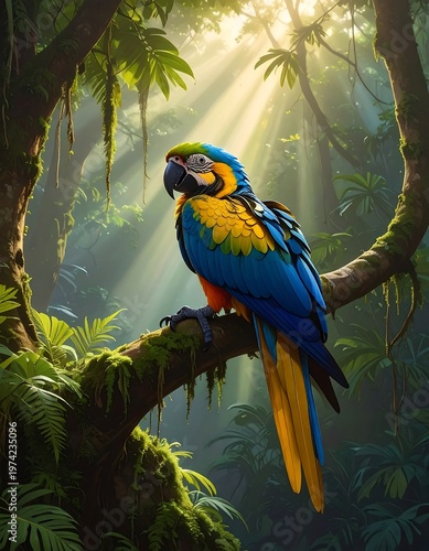 A vibrant blue and yellow parrot perches on a mossy branch