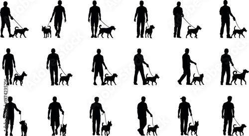 Set of Silhouette Men Walking Dogs on Leashes in Various Poses, Vector Illustrations for Outdoor Activity, Pet Care, and Lifestyle.
