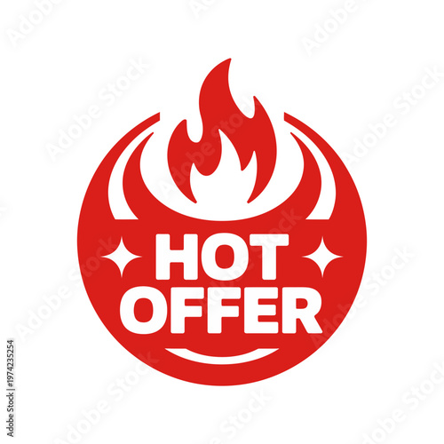 A red and white vector graphic icon of a hot offer with flames and stars