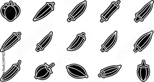 Black and white of various chili pepper chili peppers spicy food vegetables